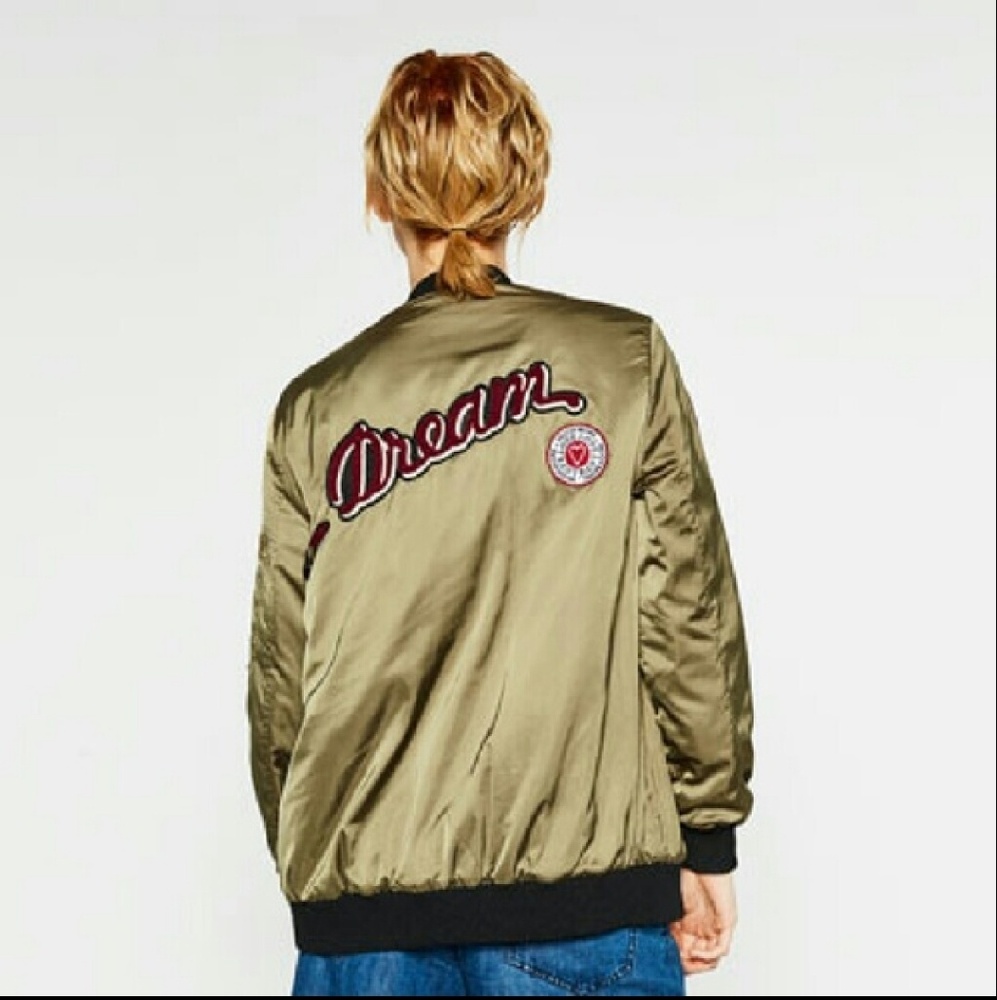Zara Olive Patch Bomber Jacket Women’s S Statement Novelty Zip - Picture 6 of 6